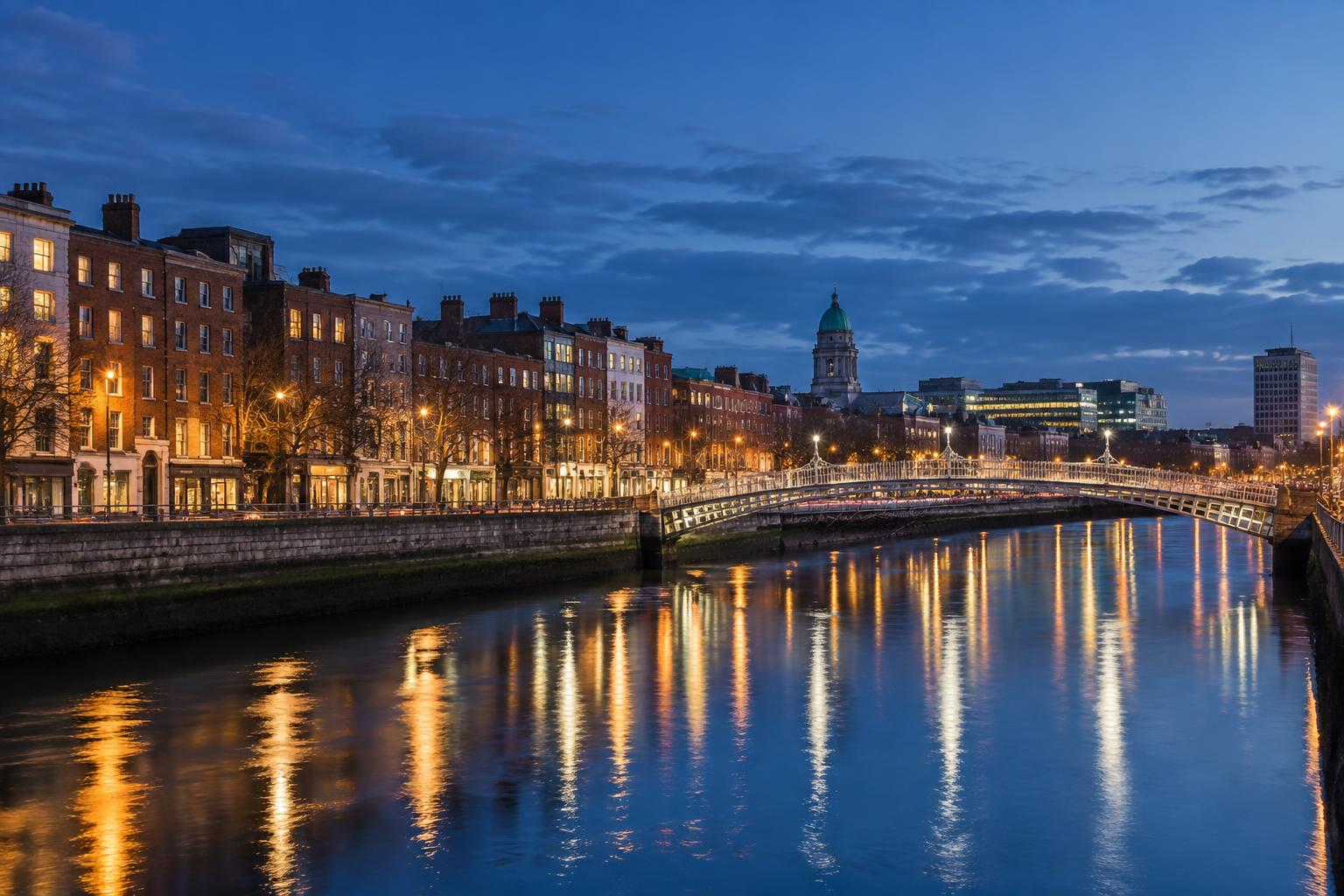 Dublin city beside the River Liffey at blue hour