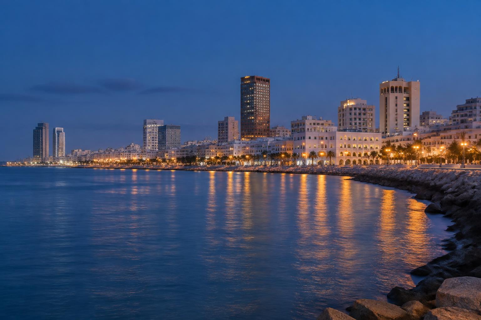 Tripoli skyline and Mediterranean corniche at blue hour